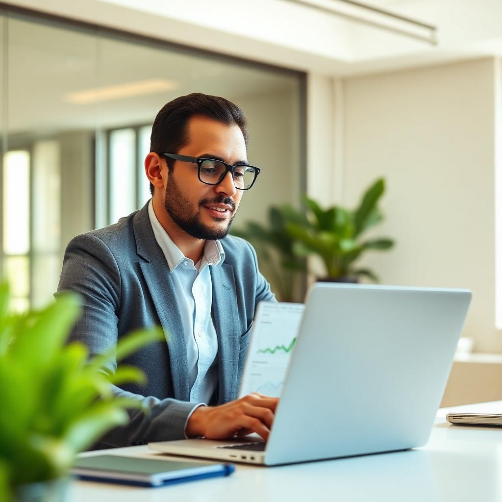 Gestor de RH analisando indicadores em um laptop em escritório moderno