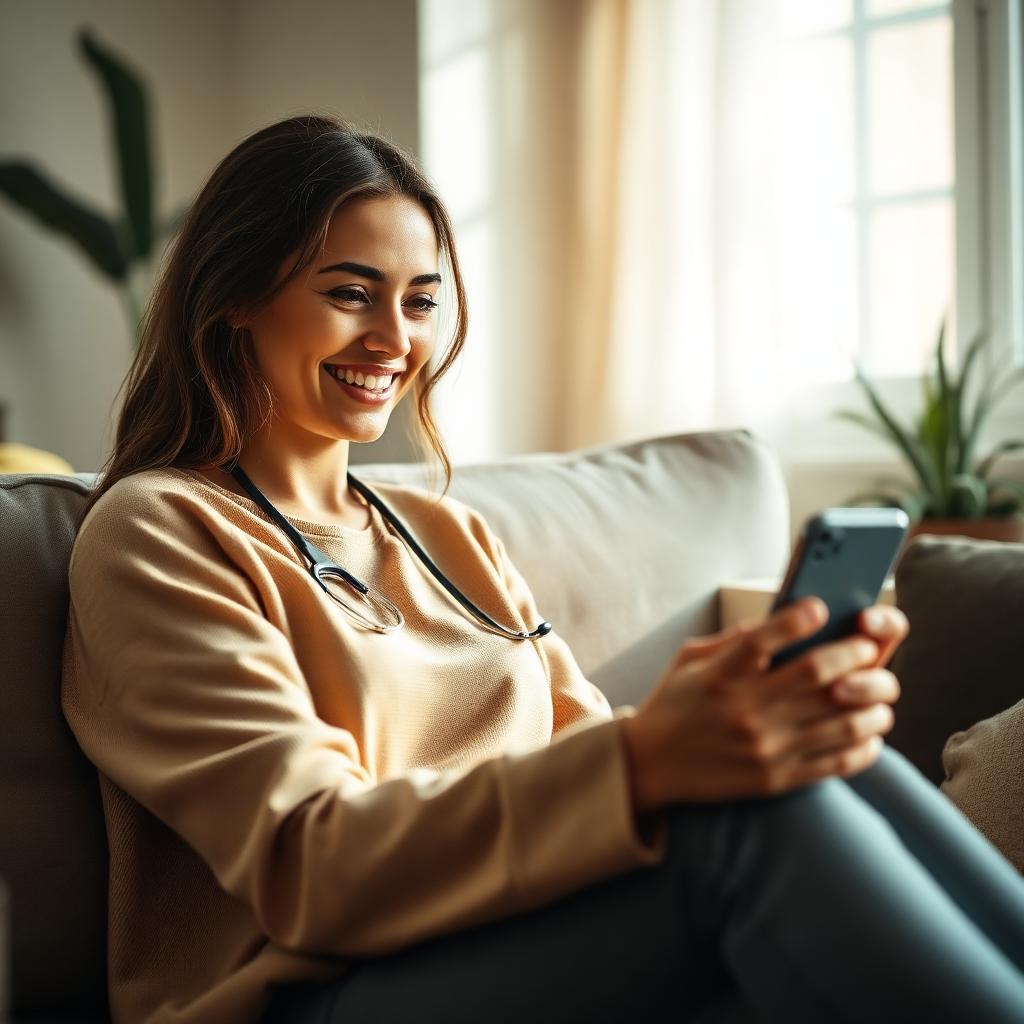 Colaboradora sorrindo em consulta de telemedicina pelo smartphone